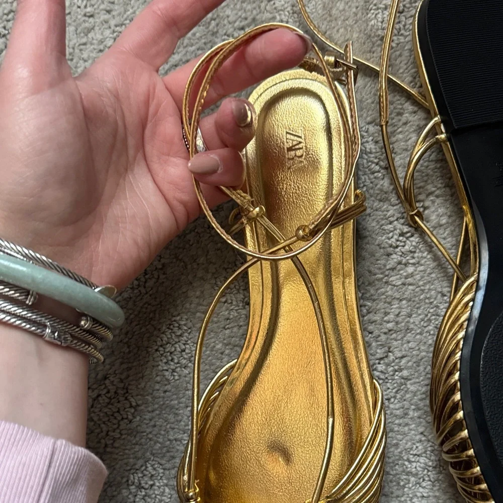 Zara Metallic Gold Braided Strappy Flat Sandals - Picture 3 of 3